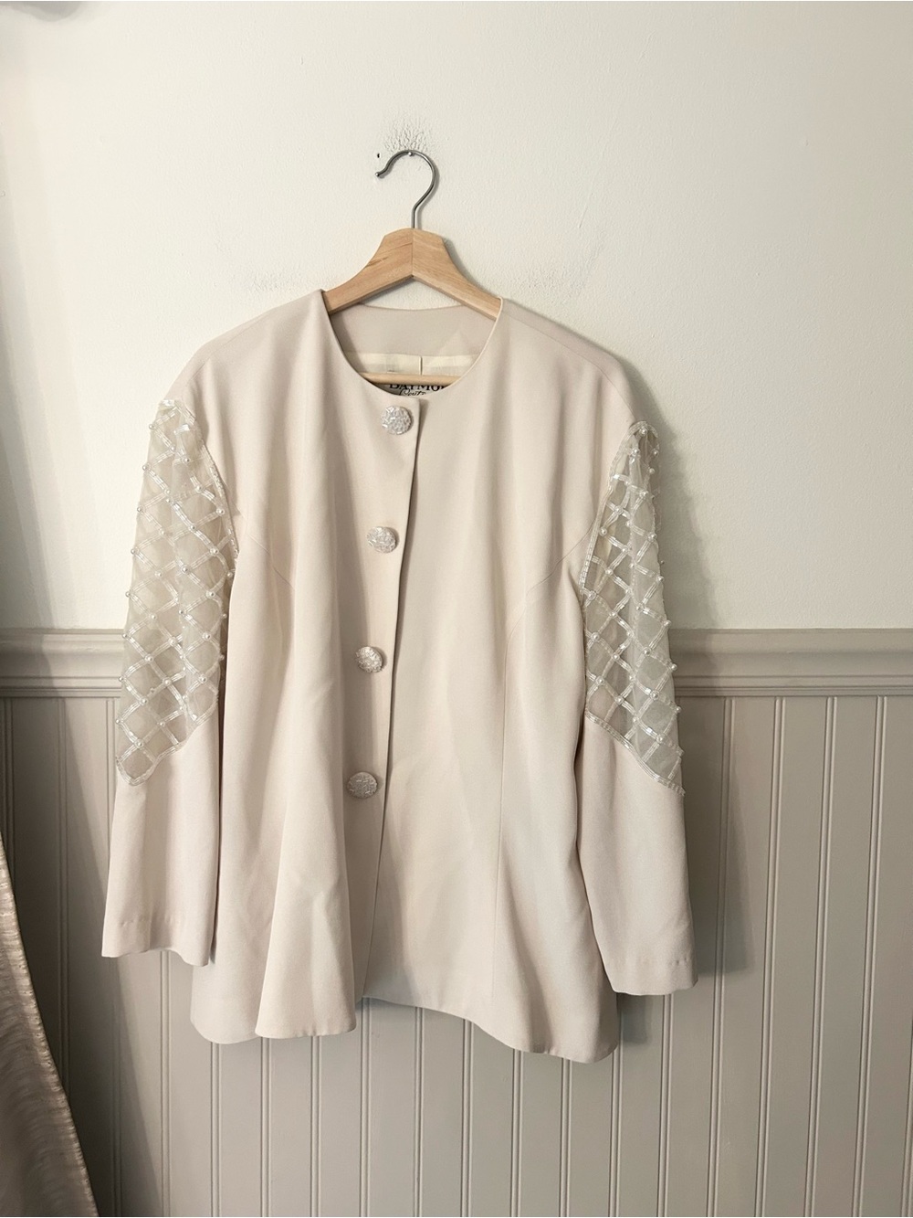 Vintage Daymor Couture 18 Ivory Beaded Pearl Mesh Sleeve Evening Jacket